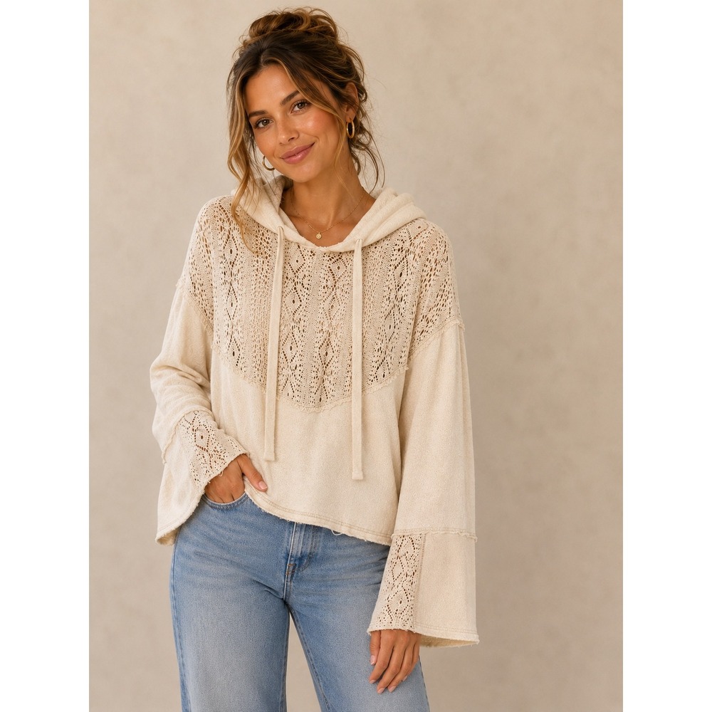Free People Cream Crochet Lace Mixed Media Oversized Hoodie Sweatshirt Small